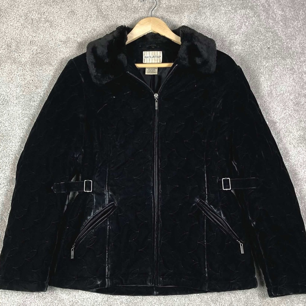 Vintage White Stag Quilted Velvet Jacket Womens M 8/10 Black Faux Fur Collar